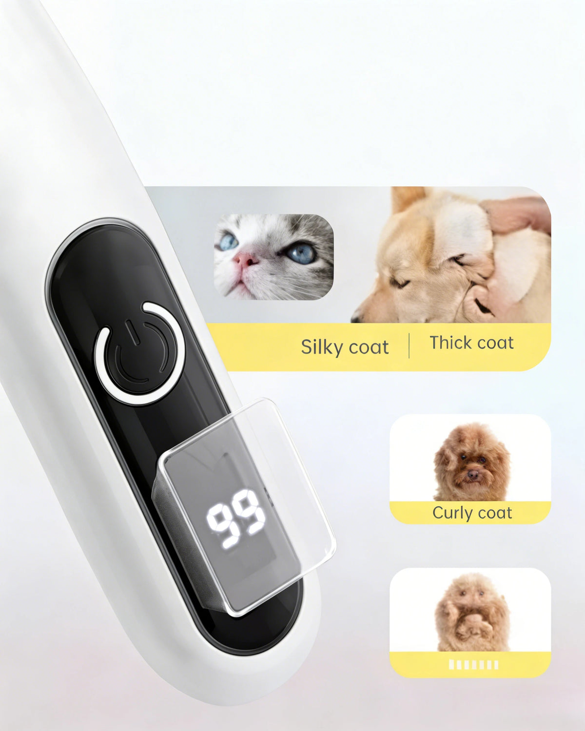 A white electric pet hair trimmer with a digital display showing 99, demonstrating silky, thick, and curly coat trimming.