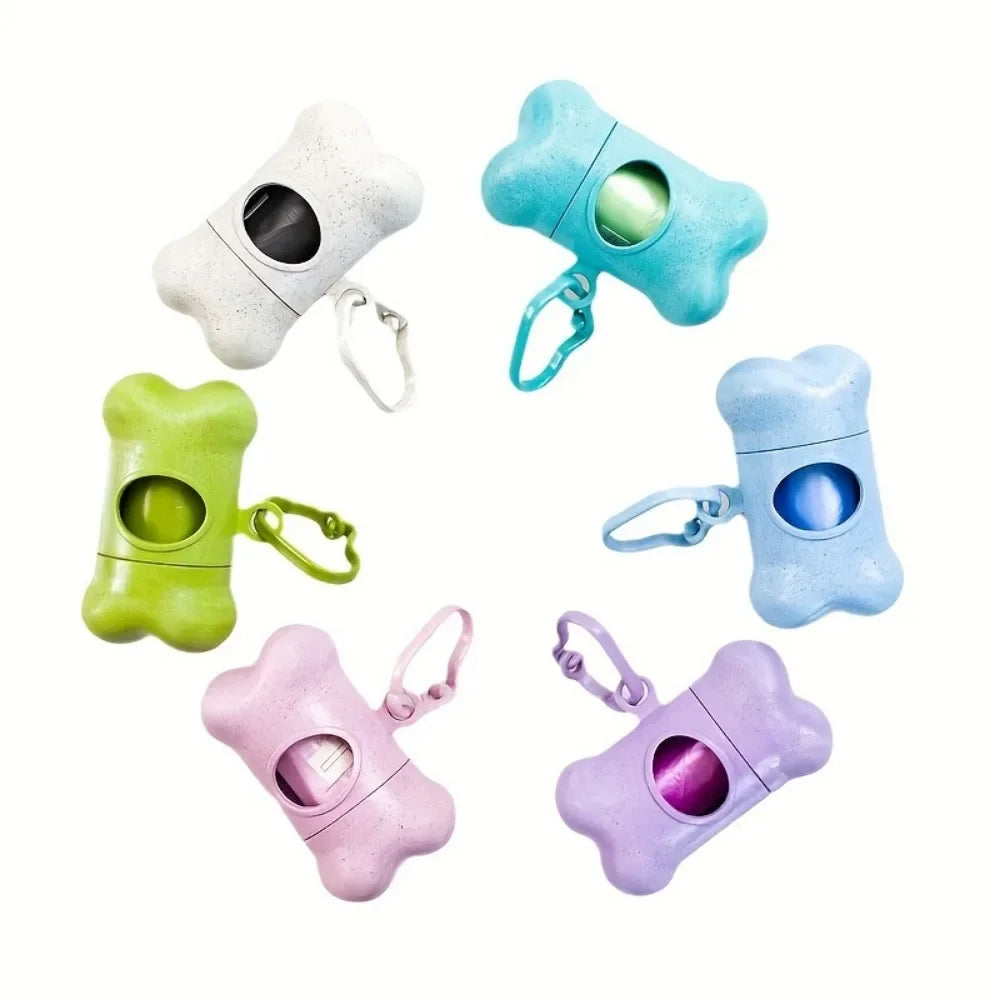 Colección de cinco dispensadores portátiles para bolsas de basura en forma de hueso en varios colores pastel como blanco, azu