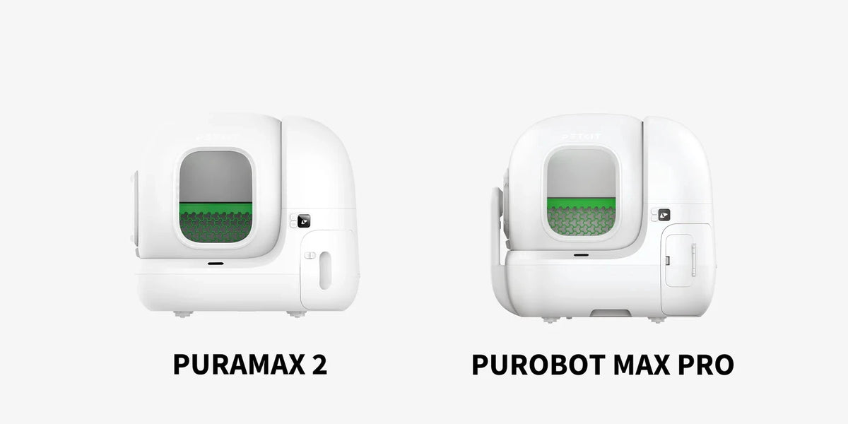 A white Puramax 2 smart litter box and a white Purobot Max Pro smart vacuum cleaner side by side.