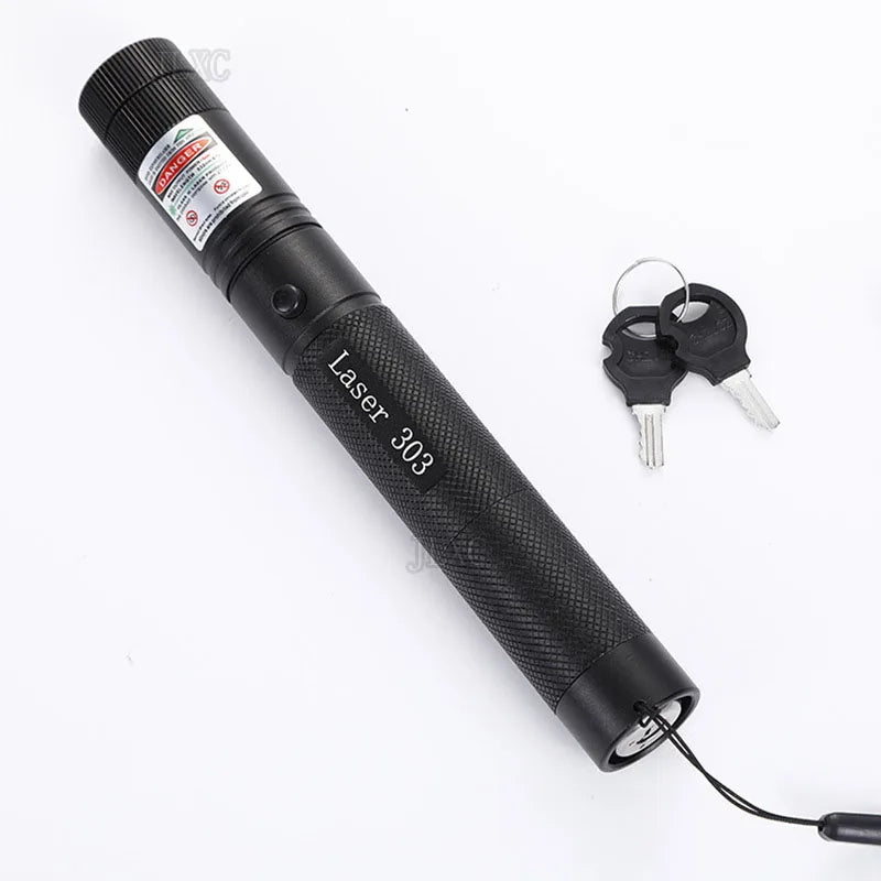 A black laser pointer with a green beam, featuring the text Laser 303 and a keyring attachment.