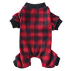 A red and black plaid cozy winter outfit or overalls for a small dog