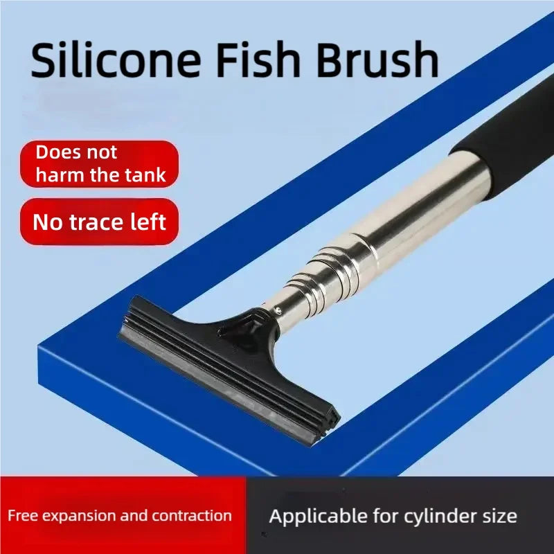 A silicone fish brush tool with a telescopic handle and scraper is shown against a blue background.