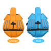 Orange and blue adjustable dog life jackets displayed side by side with color labels