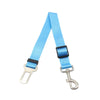 Light blue retractable dog car seatbelt tether with a metal clip and buckle.