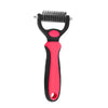 A pink and black stainless steel pet deshedding comb with fine teeth.