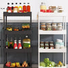 A black and white 3/4 tier mobile storage rack filled with various kitchen jars and containers.