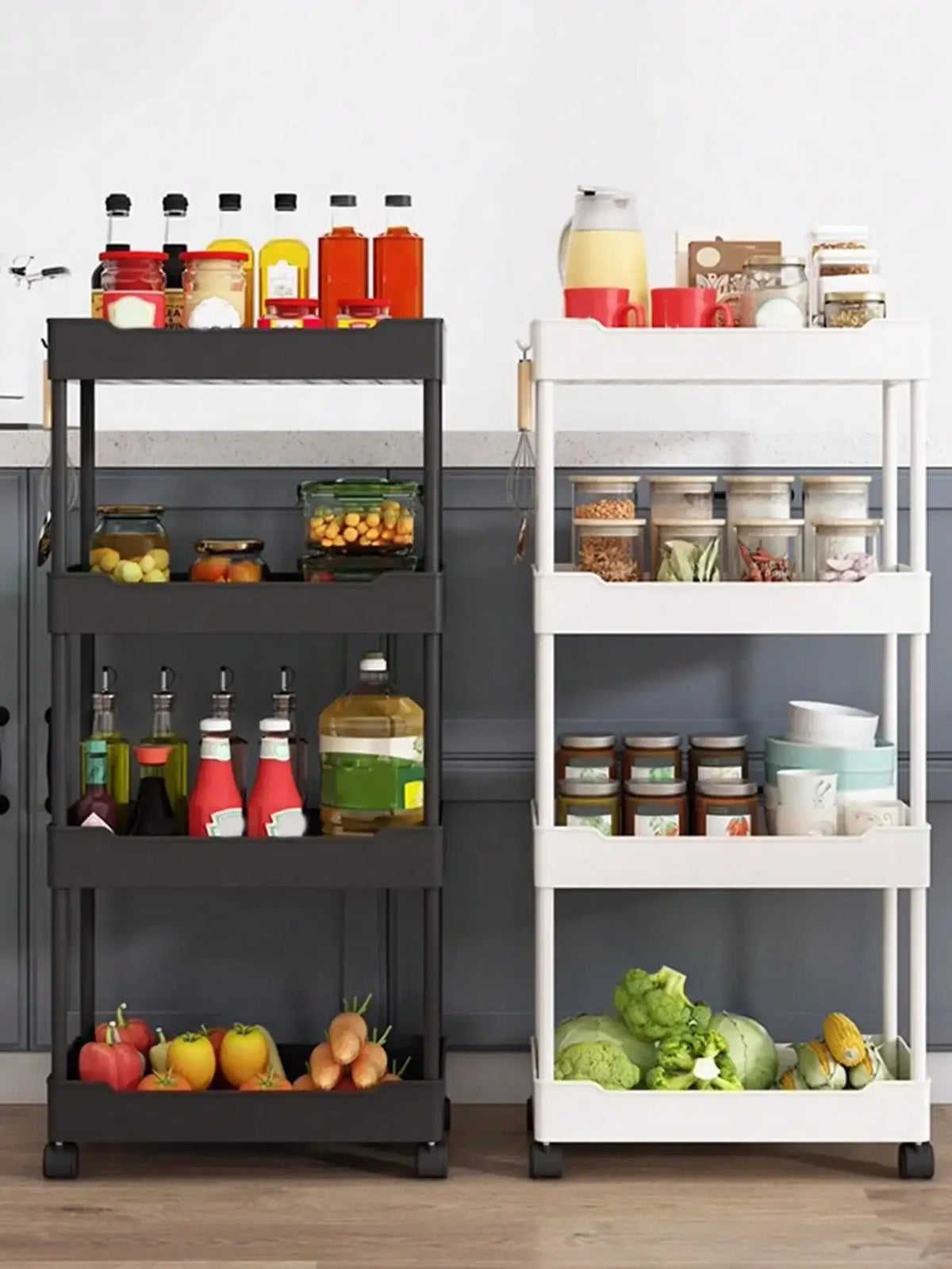 A black and white 3/4 tier mobile storage rack filled with various kitchen jars and containers.