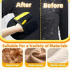 A black reusable pet hair removal glove shown before and after use on a person's arm.