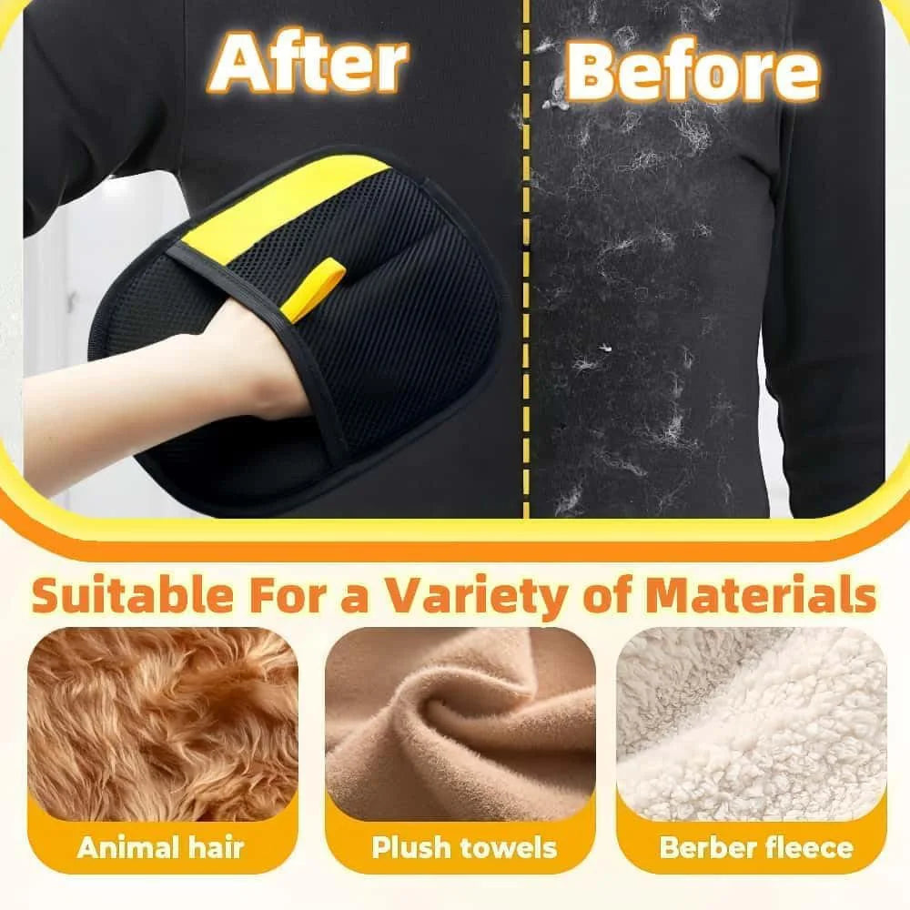 A black reusable pet hair removal glove shown before and after use on a person's arm.