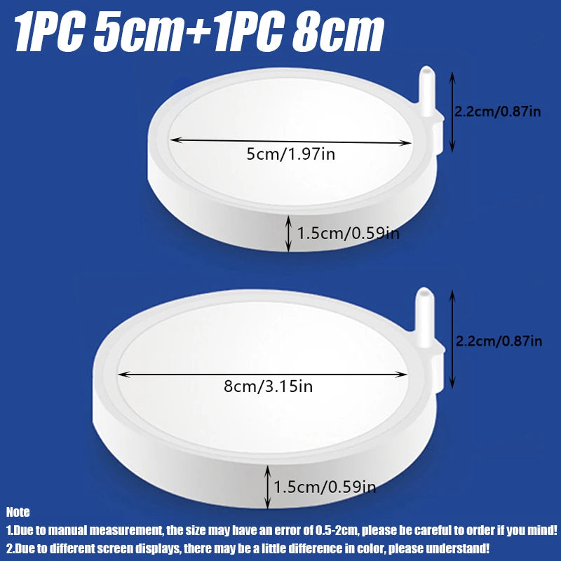 Two white silicone discs for aquarium air stone diffuser, measuring 5cm and 8cm.