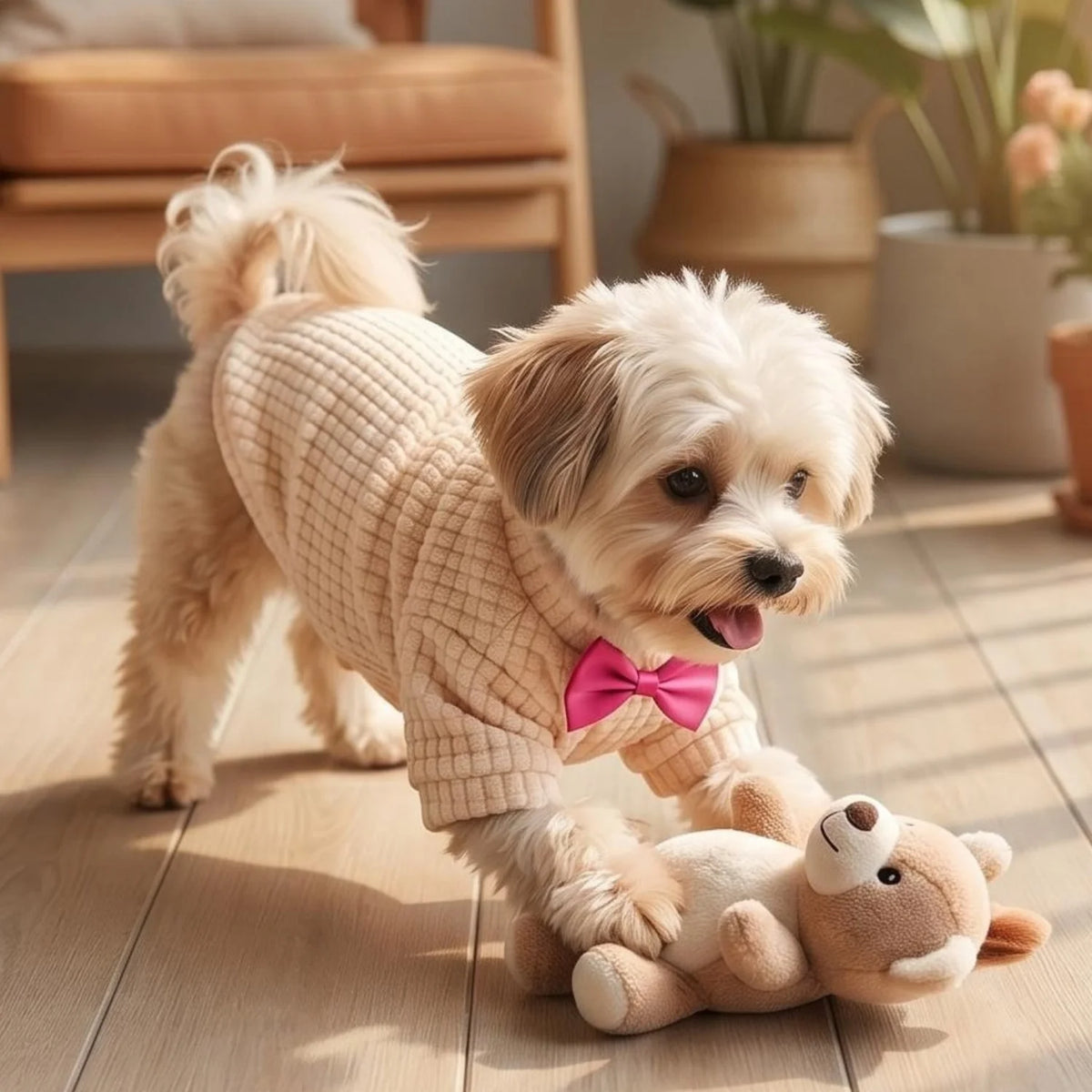 A light beige waffle knit dog sweater with a pink bow tie worn by a small, fluffy dog.