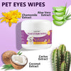 A product display showing pet eyes wipes, chamomile extract, aloe vera extract, and coconut extract for cleaning pet eyes.