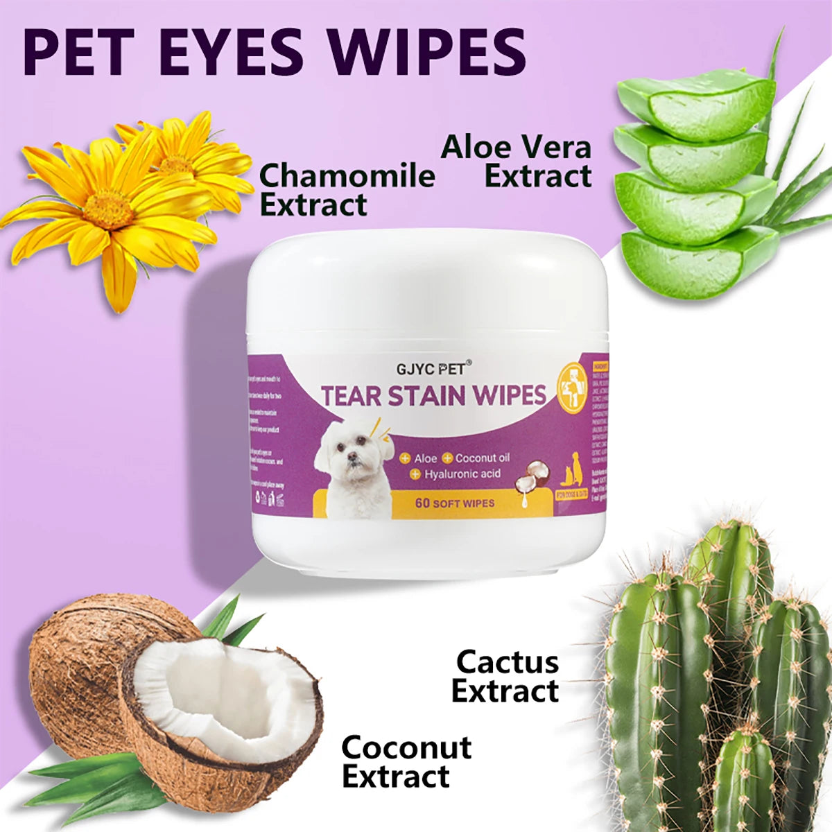 A product display showing pet eyes wipes, chamomile extract, aloe vera extract, and coconut extract for cleaning pet eyes.
