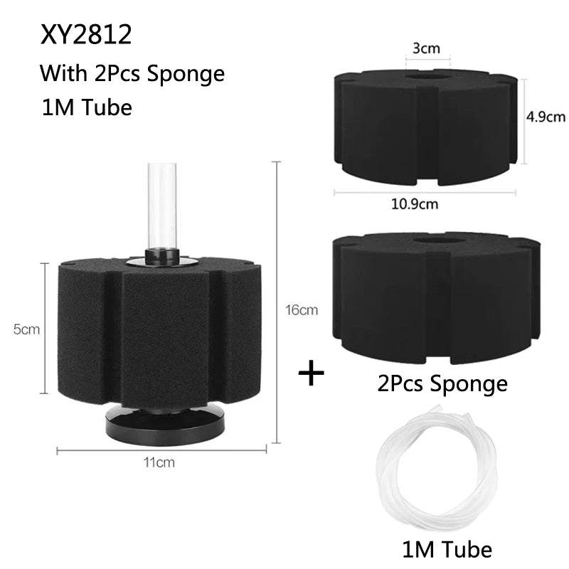 Black biochemical sponge filter with a clear tube and two sponges for aquarium use