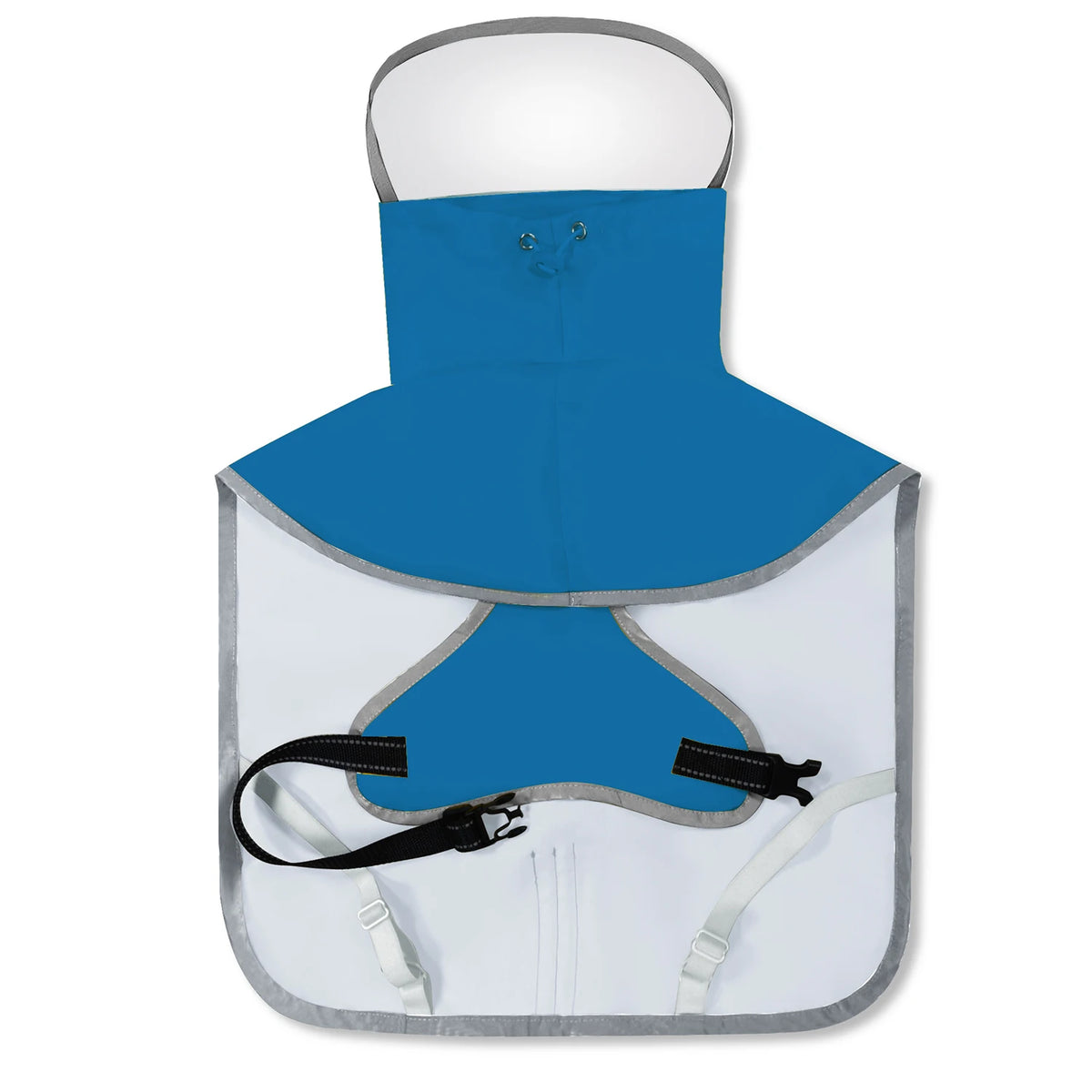 A blue and gray durable pet raincoat for dogs with a hood and chest flap.
