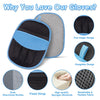 A set of blue and black electrostatic pet hair removal gloves shown with various features like five-finger design and breatha