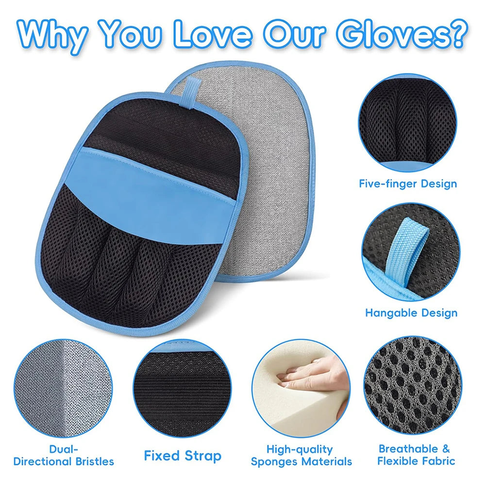 A set of blue and black electrostatic pet hair removal gloves shown with various features like five-finger design and breatha