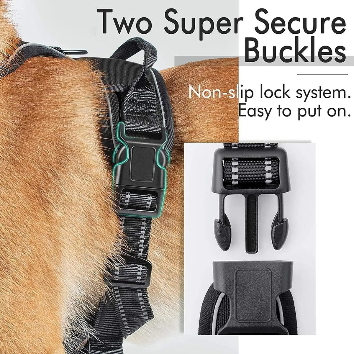 Two super secure non-slip buckles on a padded dog traction chest harness