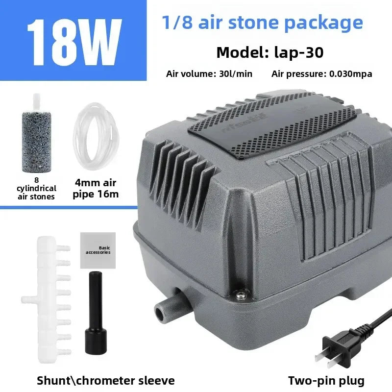 A gray air stone package for a lap-30 oxygen pump showing the main unit, an 8 cylindrical air stone, and a shunt/chrometer sl