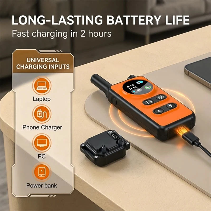 An orange remote training collar for dogs is shown resting on a light-colored surface.