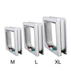 Three sizes of white locking pet doors labeled M, L, and XL for dogs and cats
