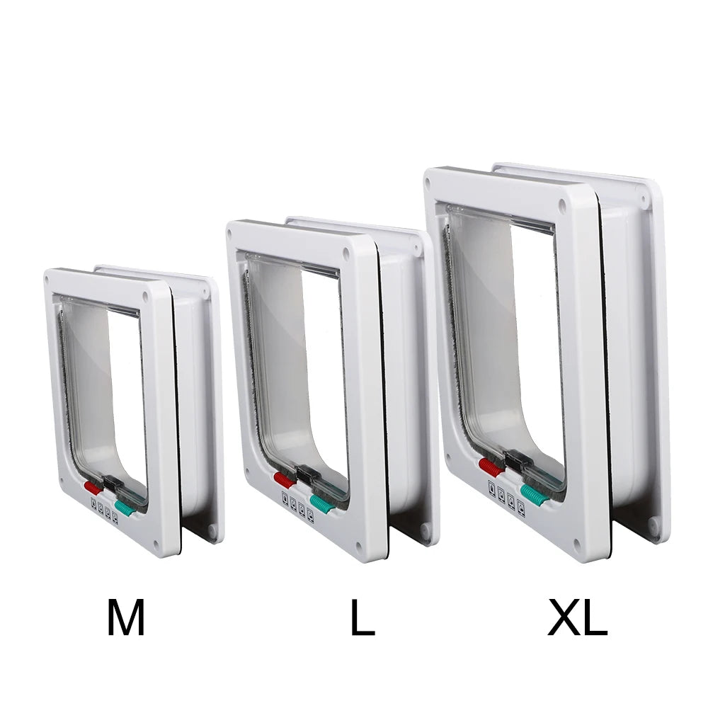 Three sizes of white locking pet doors labeled M, L, and XL for dogs and cats