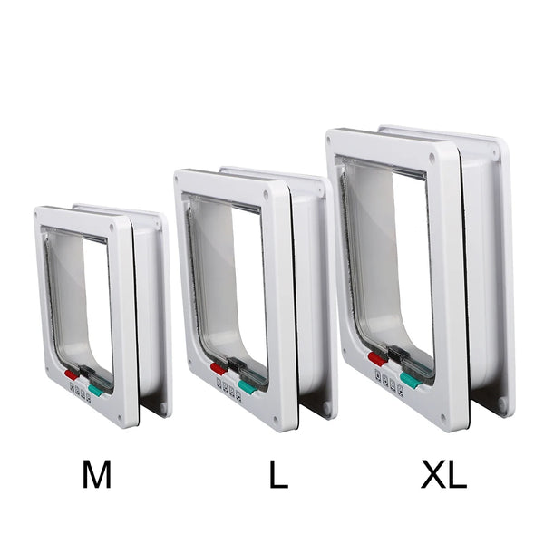 Three sizes of white locking pet doors labeled M, L, and XL for dogs and cats