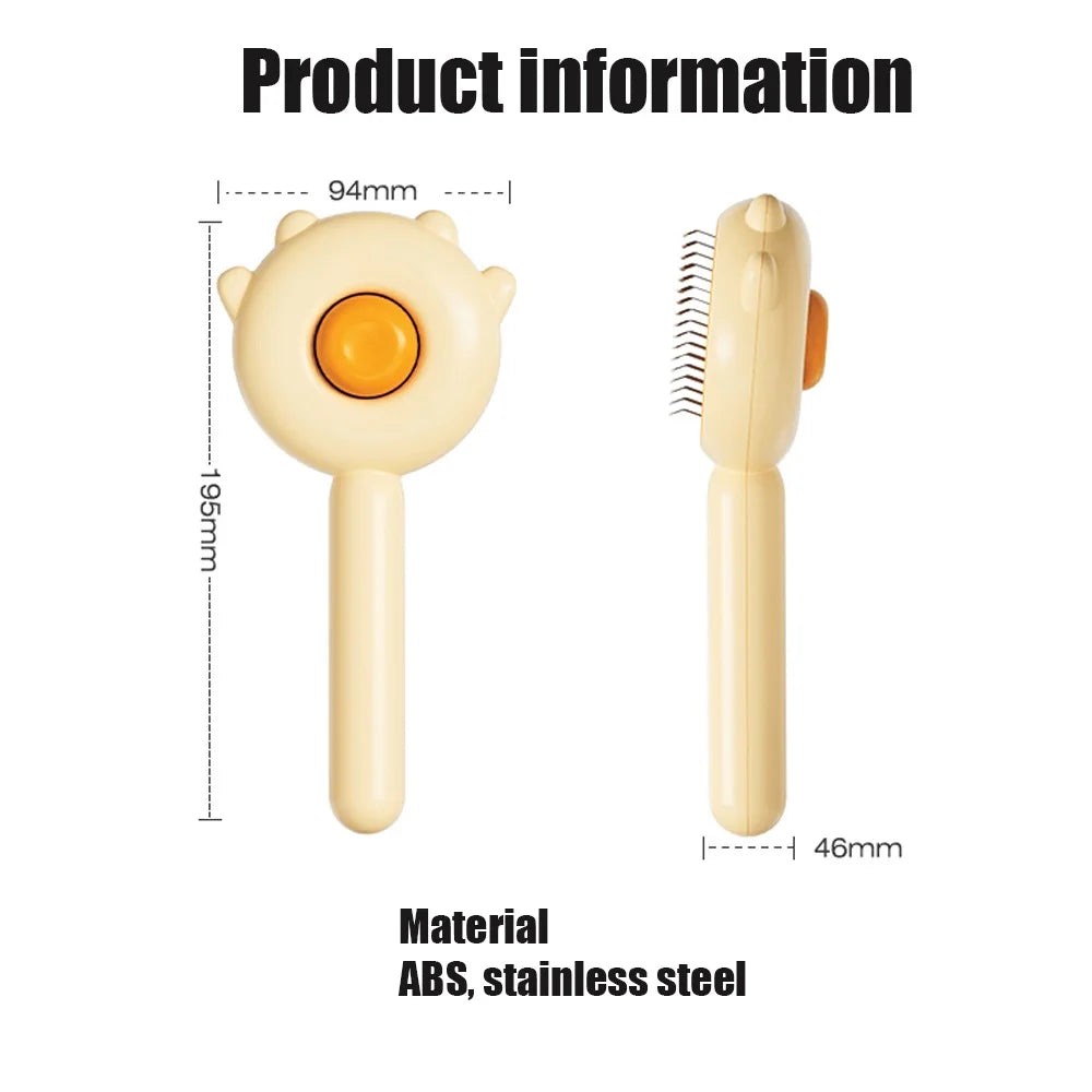 A beige pet hair removal slicker brush with a round head and long handle, made of ABS and stainless steel.