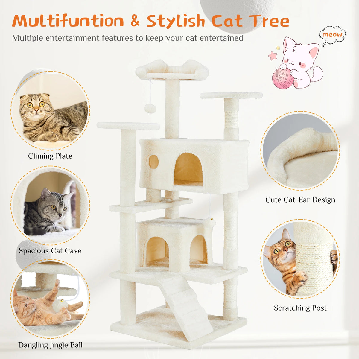 A multi-function cat tree tower featuring climbing plates, a spacious cave, and a sisal scratching post for entertainment.