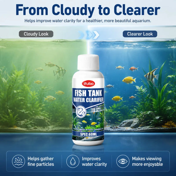 Une bouteille de clarifiant pour aquarium IFubo devant un aquarium vibrant avec de l'eau claire et des plantes aquatiques.