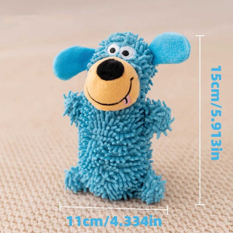 A blue plush dog toy with large ears and a black nose is shown against a light background.