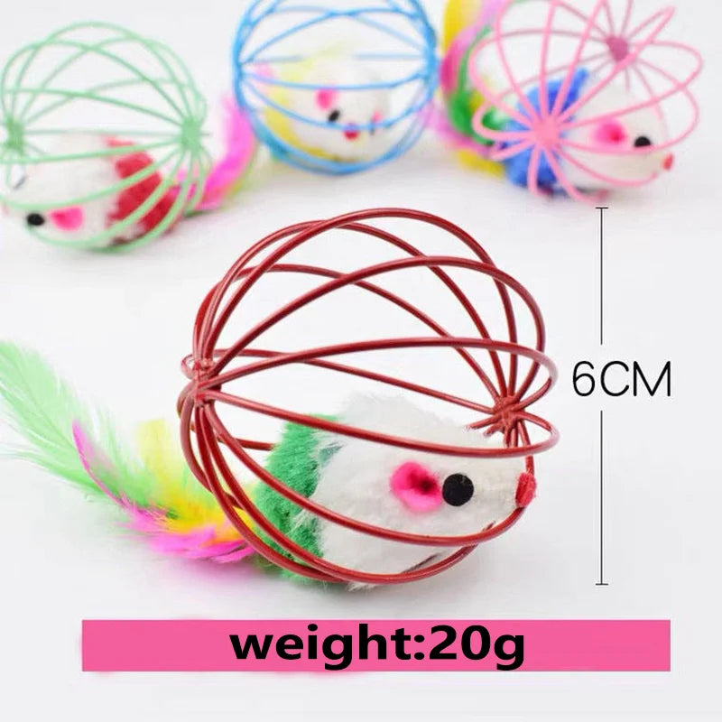 A red wire cage toy shaped like a mouse with white fur and pink accents, shown next to other similar toys.