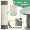 A cylindrical sisal rope scratching post with a cat climbing on it, showing a scratch-resistant surface.