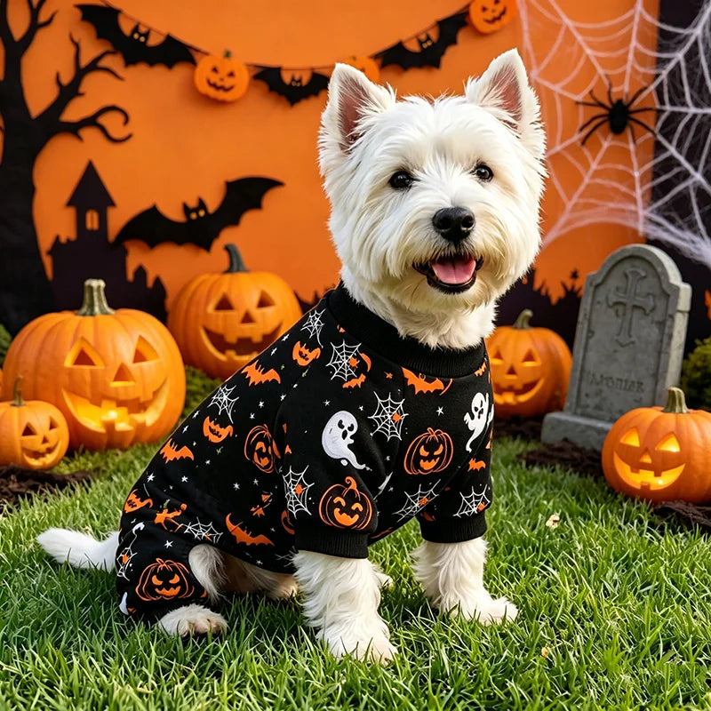 A white dog wearing a black and orange Halloween patterned sweater sitting in front of carved pumpkins and spiderwebs.