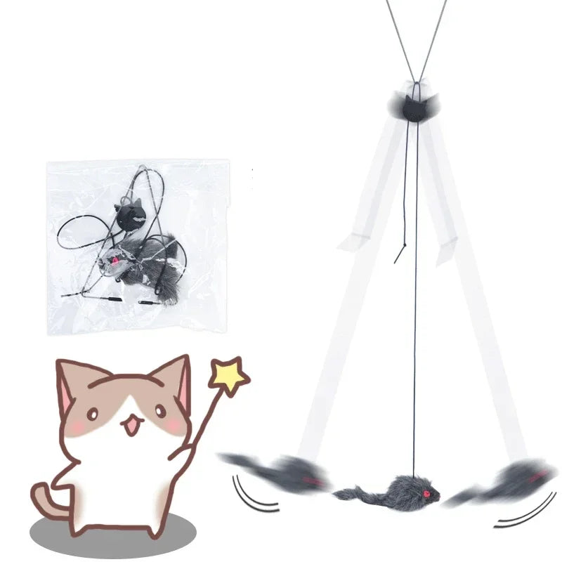 A funny hanging cat toy with a retractable stick is shown, featuring a cat figure and a white stick.