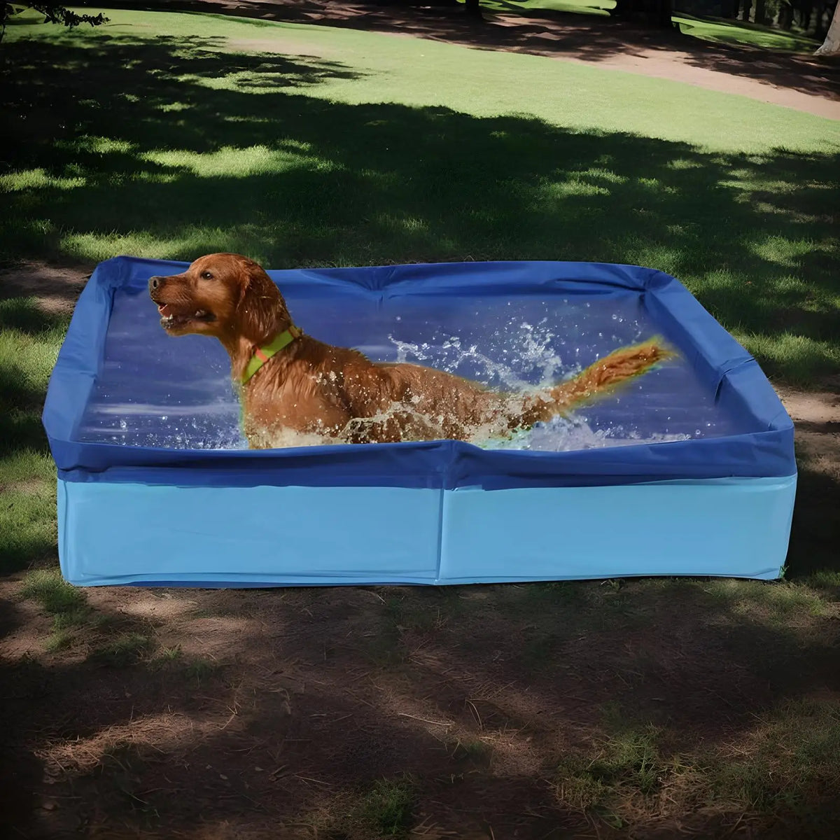 A golden retriever is playing in a blue foldable pet wading pool outdoors.