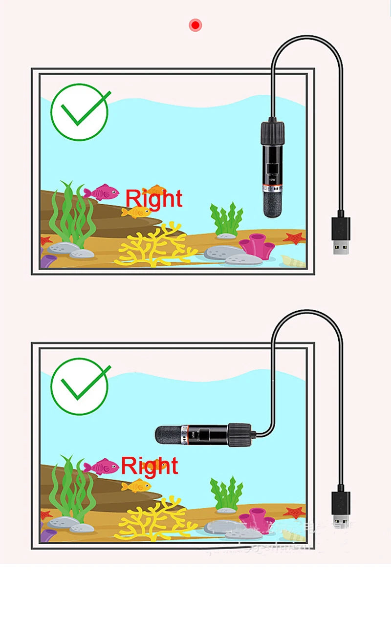 A diagram showing a USB mini aquarium heater with a cord, demonstrating correct and incorrect placement for maintaining water