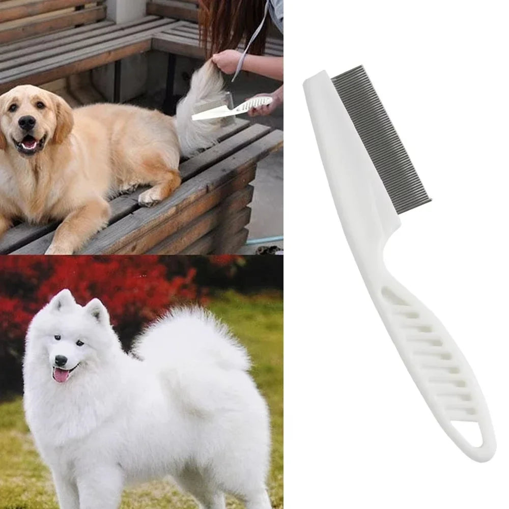 A white dual-sided pet grooming comb is shown next to a golden retriever and a white husky.
