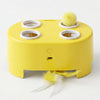 A yellow interactive cat toy featuring a rotating base and fluffy yellow feathers.