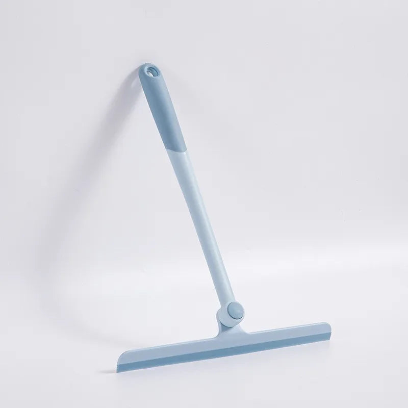 A light blue 360° rotating shower squeegee with a silicone holder against a white background.