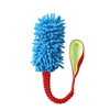A bright blue plush pull rope toy with a green and red handle.
