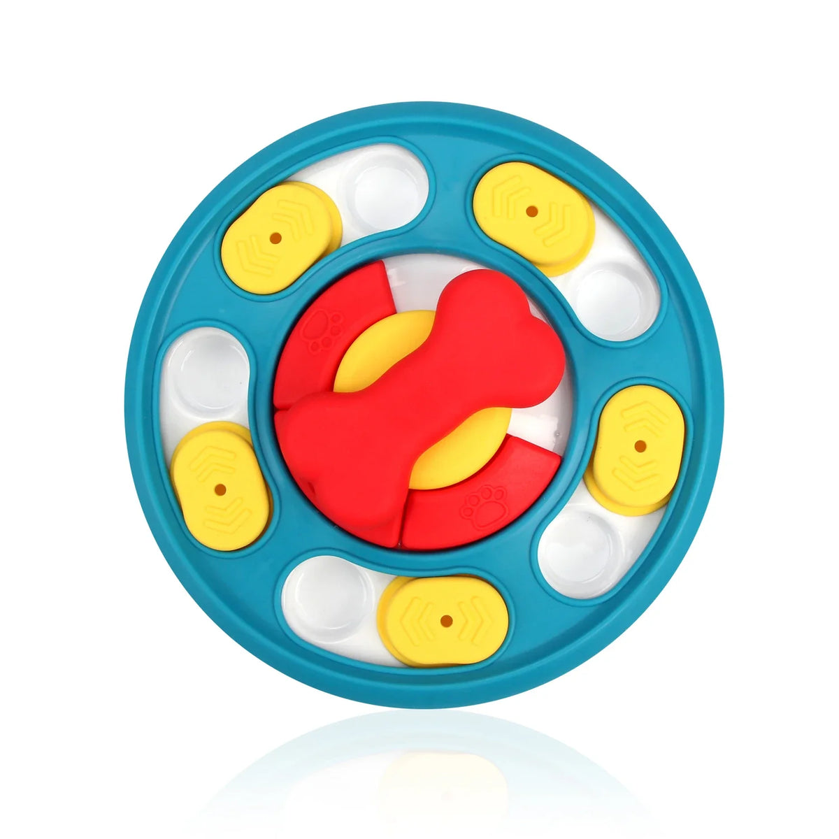 A blue slow feeder bowl with multiple yellow and red silicone inserts for pets.