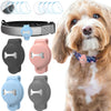 Silicone AirTag holder for pet collars shown in various colors and styles, including a collar strap and multiple clip-on hold