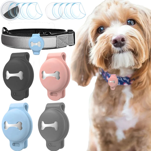Silicone AirTag holder for pet collars shown in various colors and styles, including a collar strap and multiple clip-on hold