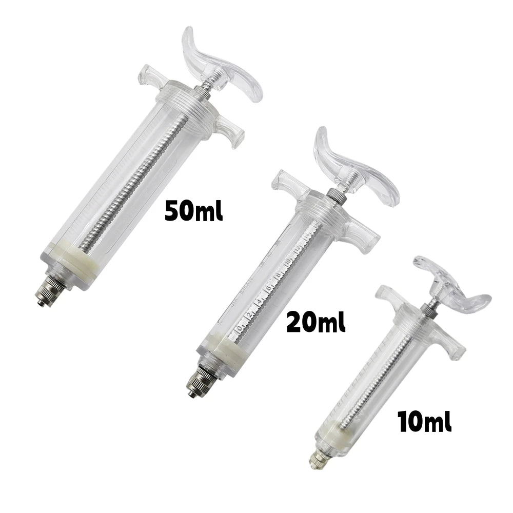 Three stainless steel bird feeding syringes with 10ml, 20ml, and 50ml capacities shown diagonally.