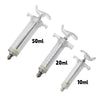 Three stainless steel bird feeding syringes with 10ml, 20ml, and 50ml capacities shown diagonally.