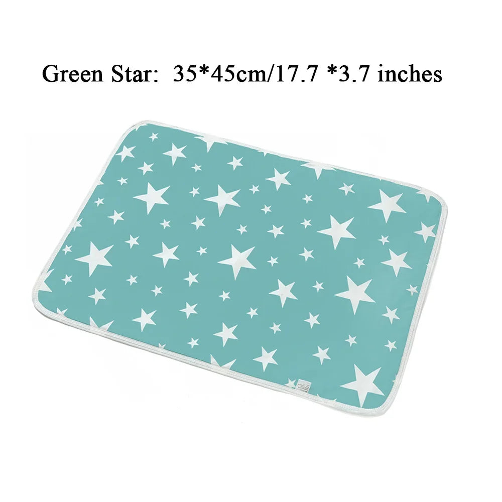 A teal reusable absorbent pee pad featuring a white star pattern for small pet cages.