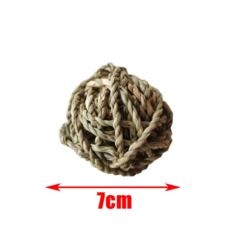 A tightly wound ball of natural wooden fiber used as a chew toy for small rodents.