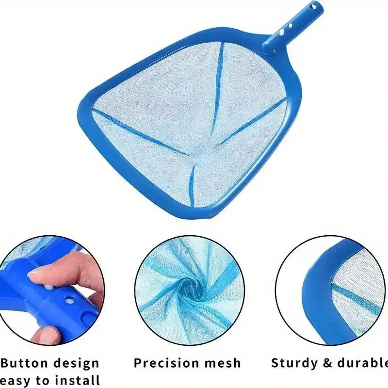Blue pool leaf skimmer net with a handle and precision mesh for easy debris removal