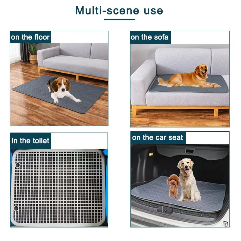 Reusable washable pet training mat shown in various uses: on the floor, on the sofa, in the toilet, and on a car seat.